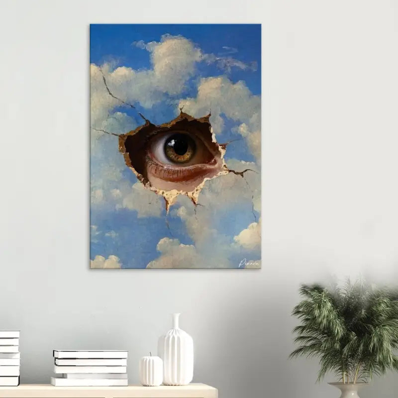 Un œil réaliste avec une iris verte et une sclérotique brune regarde à travers un trou tridimensionnel fissuré dans un ciel peint en bleu rempli de nuages blancs.