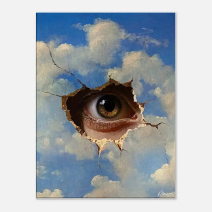 Un œil brun réaliste avec une iris détaillée et une paupière émerge à travers un trou déchiré et fissuré dans un ciel bleu peint rempli de nuages blancs moelleux.