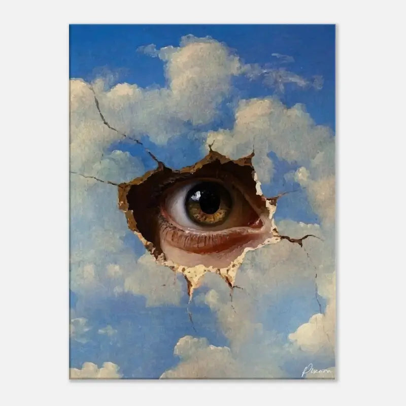 Un œil brun réaliste avec une iris détaillée et une paupière émerge à travers un trou déchiré et fissuré dans un ciel bleu peint rempli de nuages blancs moelleux.