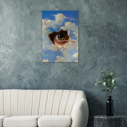 Une impression sur toile présentant un œil réaliste et détaillé observant à travers un trou déchiré dans un ciel bleu avec des nuages blancs.