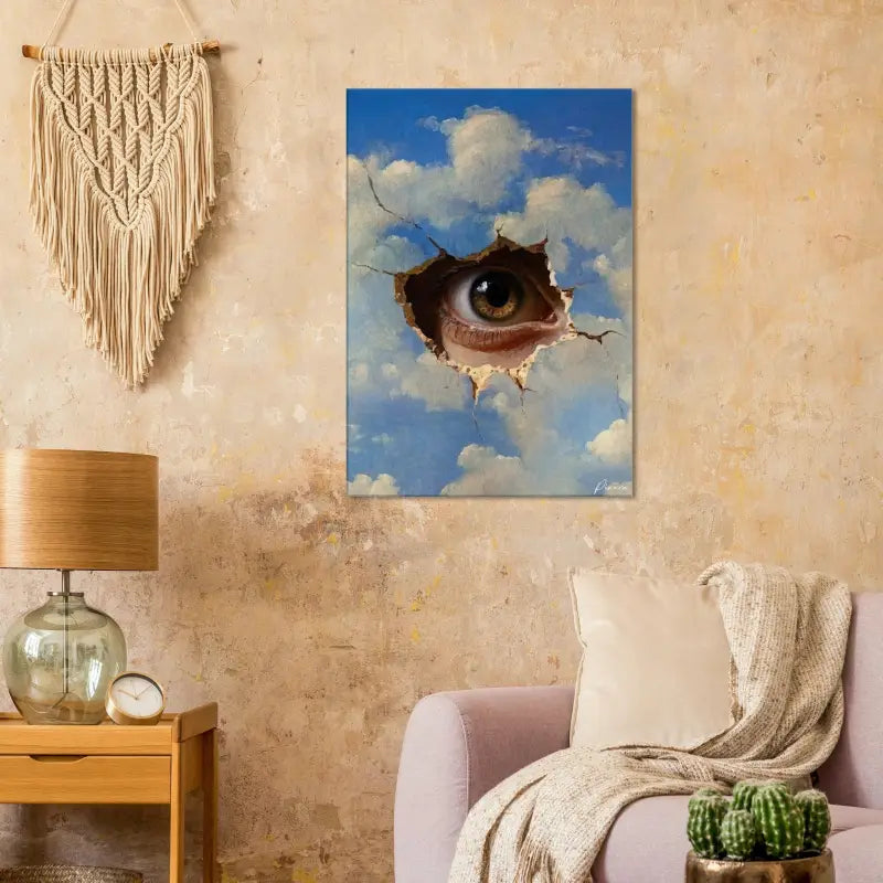 Une impression sur toile présentant un œil réaliste observant à travers un trou déchiré dans un ciel bleu avec des nuages blancs, rendue en peinture acrylique détaillée.