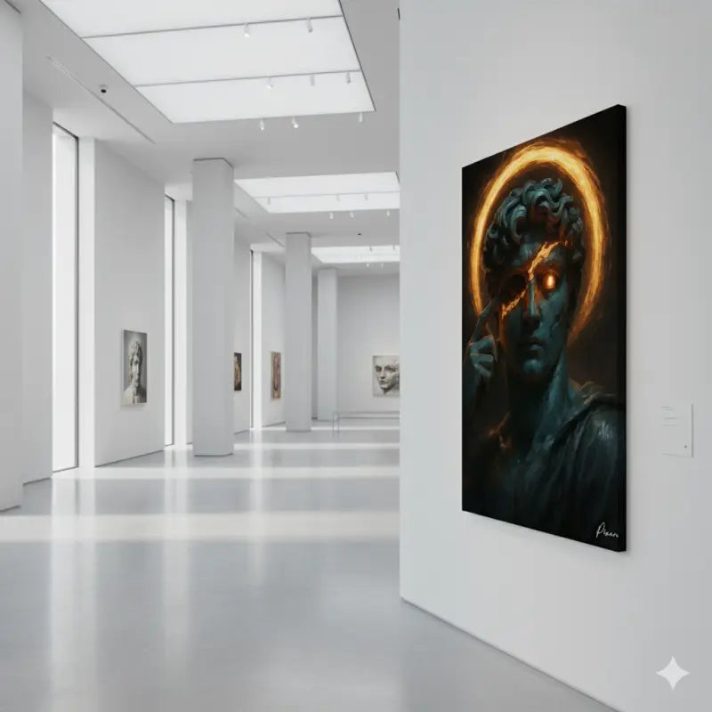 Une impression sur toile frappante mettant en scène une statue sombre et texturée aux yeux dorés luisants et à l’auréole éthérée de lumière chaude.