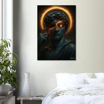 Un portrait stylisé aux tons sombres sur toile représentant une statue classique aux yeux orange luisants et à l’auréole éthérée.
