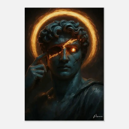 Une statue de marbre bleu foncé, fissurée, représentant une figure classique avec des yeux orange luisants et un halo doré éthéré.