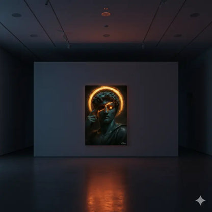 Une impression sur toile aux tons sombres représentant une statue classique aux yeux orange lumineux et halo, exposée dans un cadre de galerie d’art.
