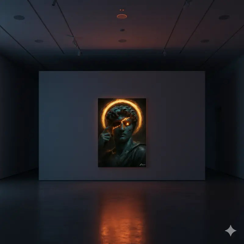 Une impression sur toile aux tons sombres représentant une statue classique aux yeux orange lumineux et halo, exposée dans un cadre de galerie d’art.