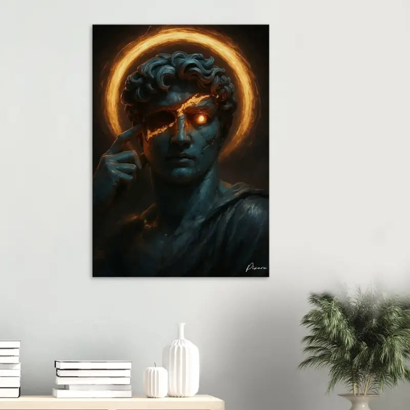 Une toile de portrait stylisée aux tons sombres mettant en scène une statue classique aux yeux orange luminescents et à l’auréole éthérée.