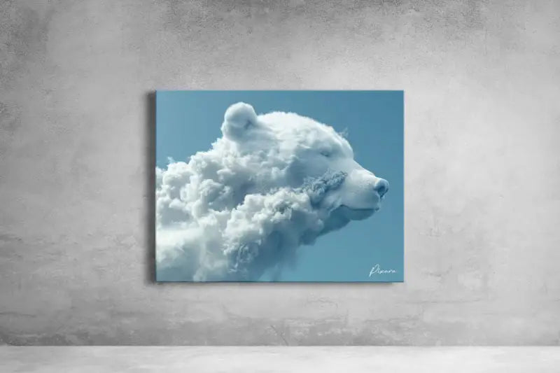 Un portrait serein d’un ours nuage blanc sur toile, avec des textures douces et duveteuses sur un fond de ciel bleu apaisant.
