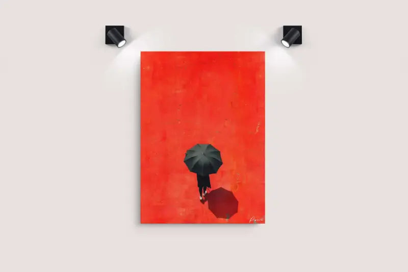 Une peinture sur toile minimaliste mettant en scène une figure solitaire tenant un parapluie noir sur un fond rouge vibrant.