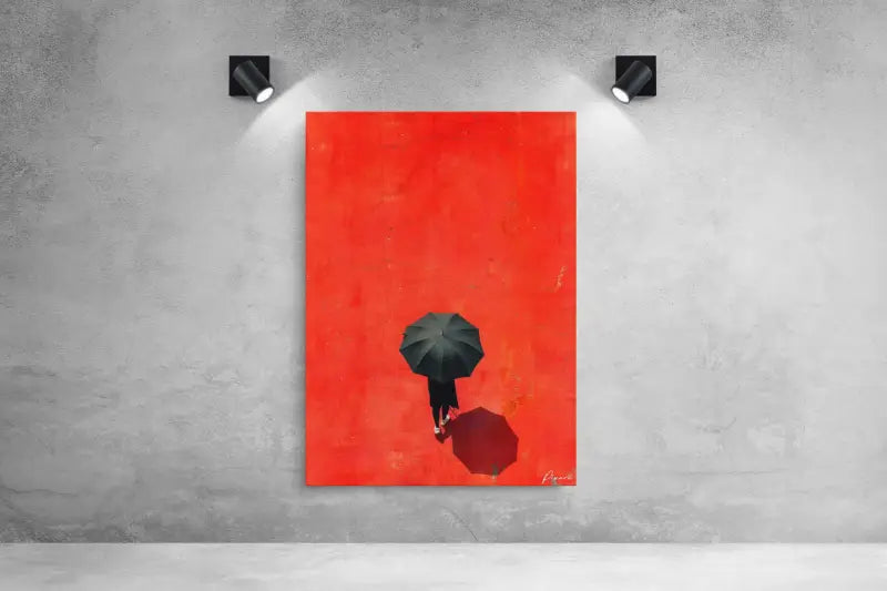 Une impression sur toile rouge frappante mettant en scène une silhouette solitaire tenant un parapluie noir sur un arrière-plan vibrant et texturé.