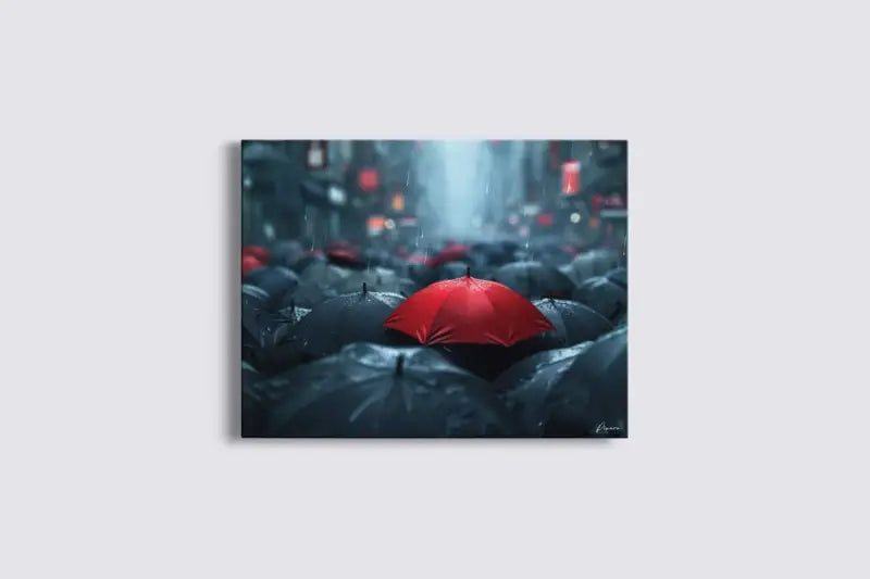 Un parapluie rouge vibrant se distingue au milieu d’une mer de parapluies sombres et mouillés dans une scène de pluie urbaine.