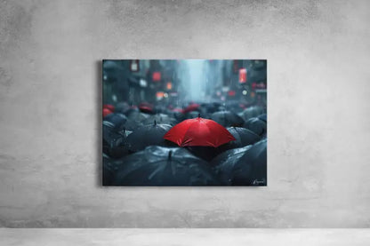 Un parapluie rouge vibrant se distingue au milieu d’une mer de parapluies sombres dans cette impression sur toile de paysage urbain pluvieux.