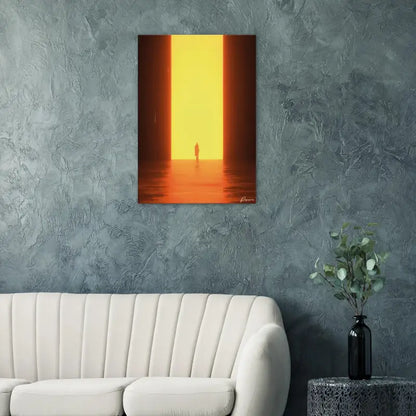 Une impression sur toile rectangulaire représentant une figure solitaire debout au centre d’un couloir éclairé à l’orange avec des bords verticaux sombres, montée sur un mur gris texturé.