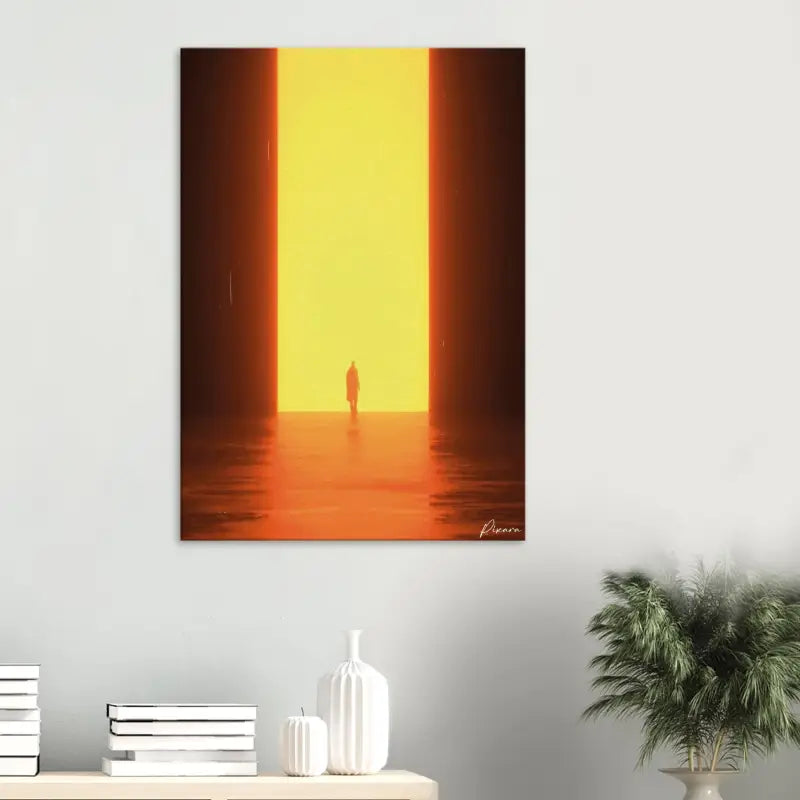 Une impression sur toile rectangulaire mettant en scène une figure solitaire debout au centre d’un couloir illuminé de orange et de jaune, encadré par des murs verticaux sombres.