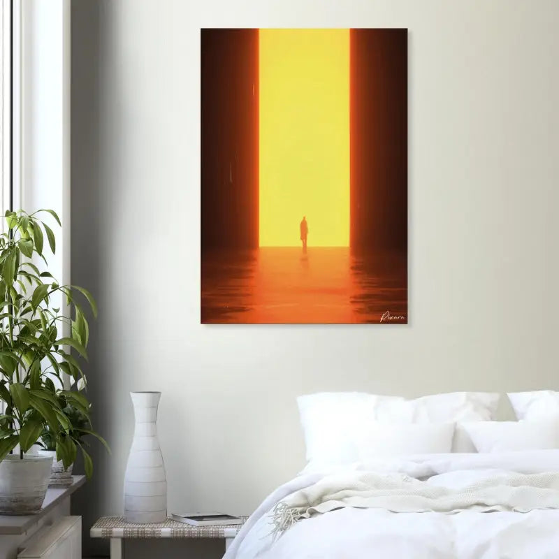 Une impression sur toile rectangulaire mettant en scène une silhouette solitaire marchant dans un couloir illuminé aux tons orange et jaune avec des murs verticaux sombres, signée par l’artiste rhenn.