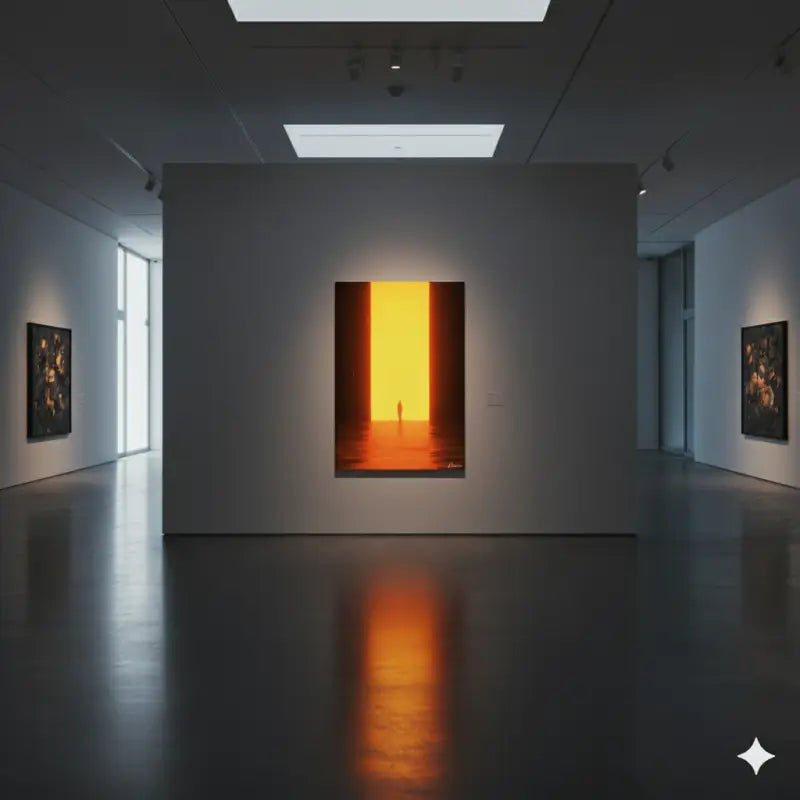 Une peinture à l’huile sur toile rectangulaire frappante représentant une figure solitaire debout au centre d’une porte orange illuminée, encadrée par des murs assombris et projetant une lueur chaude sur le sol réfléchissant.