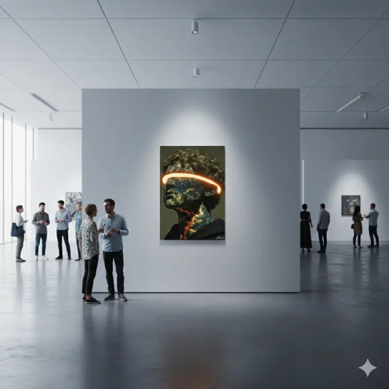 Une œuvre d’art numérique frappante présentant une tête humaine stylisée avec des bandes néon orange luminescentes sur le front et le cou, rendue en tons métalliques sombres sur un arrière-plan atténué.