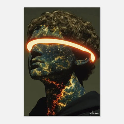 Une impression de portrait surréaliste mettant en scène une tête de statue classique aux cheveux bouclés, son visage et son cou ornés de motifs de nébuleuses cosmiques aux bleus profonds et aux ors, accentués par une bande de halo orange lumineux traversant les yeux.