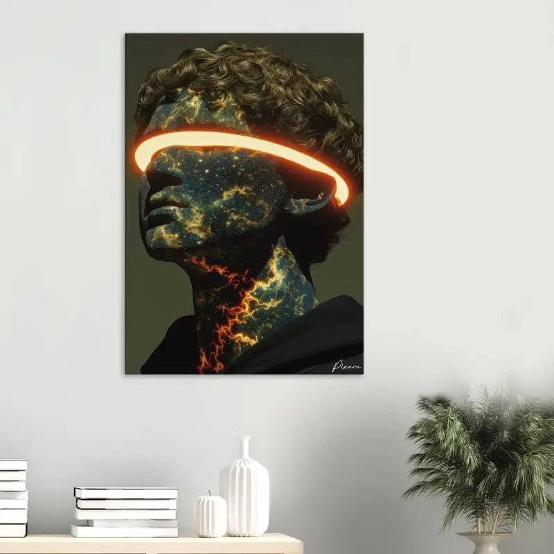 Un impressionnant tirage sur toile mettant en vedette une tête de statue classique ornée de motifs cosmiques semblables à une galaxie en bleus profonds et ors, accentués par un halo orange lumineux autour des yeux.
