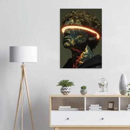 Une impression sur toile frappante présentant un portrait stylisé avec des motifs cosmiques, semblables à une galaxie, sur le visage et le cou, encadré par une bande orange luminescente traversant les yeux.