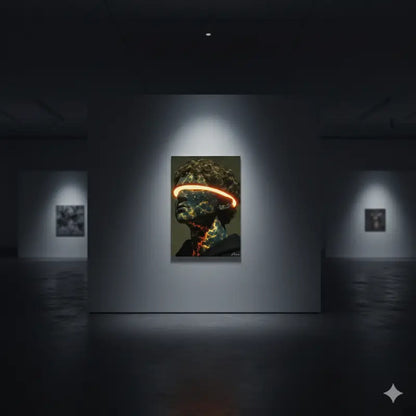 Une œuvre d’art numérique frappante présentant une tête humaine stylisée avec des bandes de néon orange luminescentes sur les yeux et le front, sur un fond sombre.