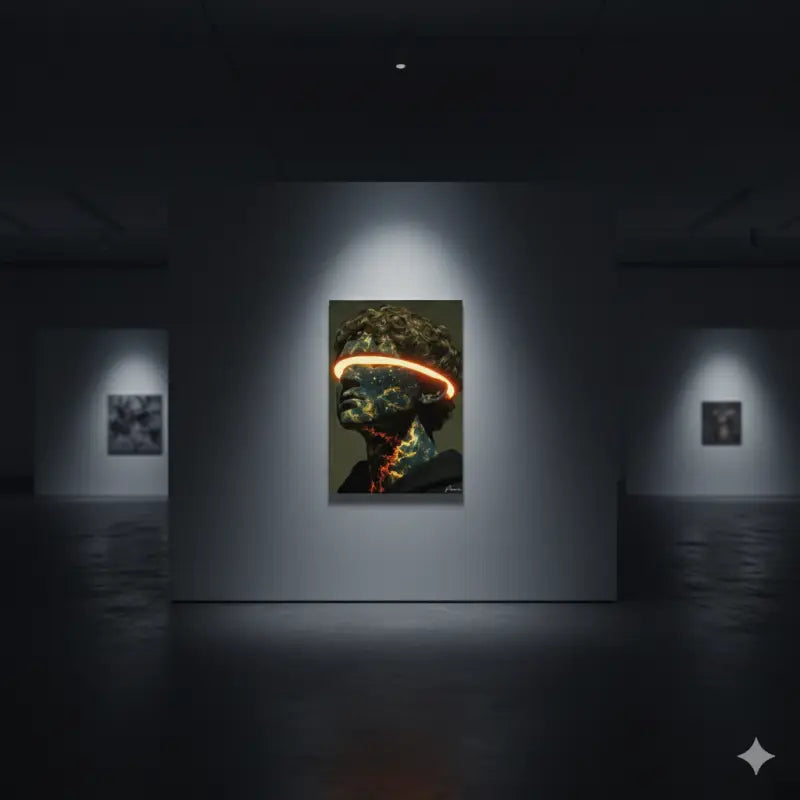 Une œuvre d’art numérique frappante présentant une tête humaine stylisée avec des bandes de néon orange luminescentes sur les yeux et le front, sur un fond sombre.