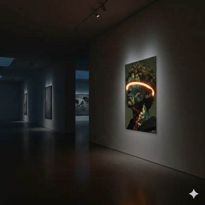 Une œuvre d’art numérique frappante représentant une tête humaine stylisée avec des bandes néon orange luminescentes autour des yeux et du cou, rendue en tons sombres contre un mur de galerie minimaliste.