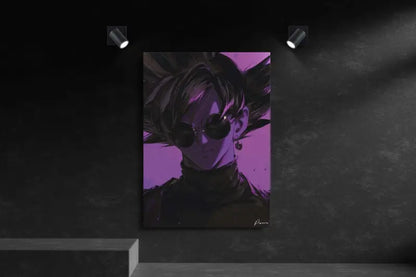 Toile de portrait anime violet mettant en scène un personnage aux cheveux noirs et portant des lunettes de soleil rondes.