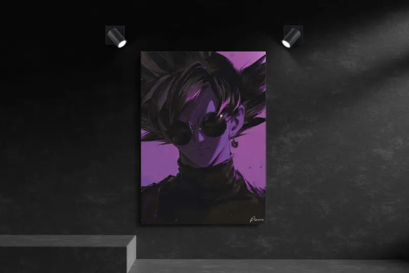 Toile de portrait anime violet mettant en scène un personnage aux cheveux noirs et portant des lunettes de soleil rondes.