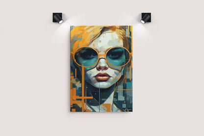 Une toile d’art numérique vibrante présentant un portrait stylisé d’une femme aux cheveux blonds, lunettes de soleil teintées de turquoise et accents géométriques orange audacieux sur un fond pixélisé.