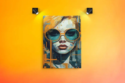Une toile d’art numérique vibrante présentant un portrait stylisé d’une femme aux cheveux blonds, portant des lunettes de soleil teal surdimensionnées et un arrière-plan à motif géométrique.
