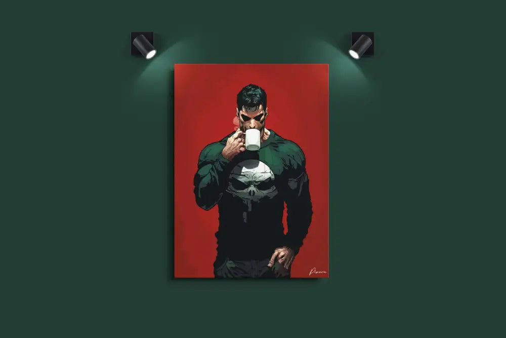 Une impression sur toile encadrée mettant en vedette le personnage de bande dessinée The Punisher dans un costume vert foncé et noir avec son emblème emblématique de crâne blanc, sur un fond rouge audacieux.