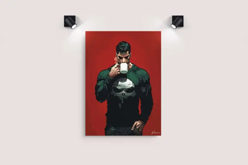 Un tirage sur toile encadré mettant en vedette un homme musclé portant un sweat à capuche noir et vert orné de l’emblème du crâne de Punisher, tenant une tasse blanche sur un fond rouge audacieux.