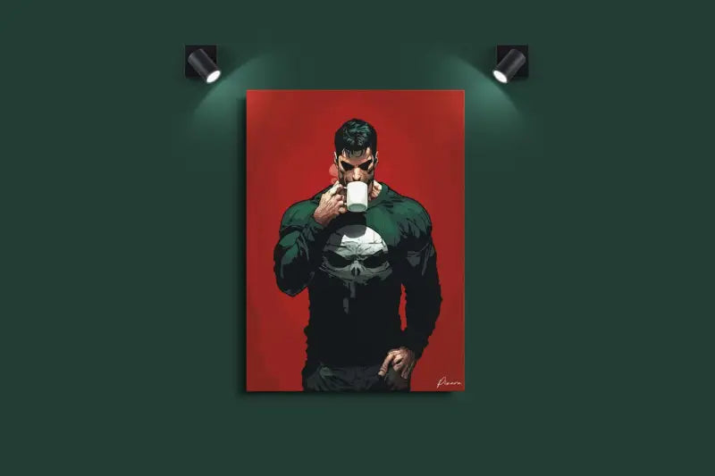 Une impression sur toile encadrée mettant en vedette le personnage de bande dessinée The Punisher dans un costume vert foncé et noir avec son emblème emblématique de crâne blanc, sur un fond rouge audacieux.