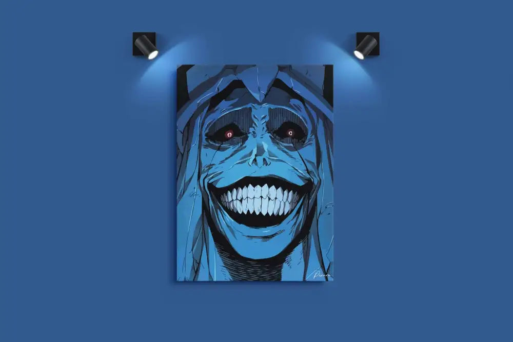 Portrait comique-style bleu d’une figure squelettique aux yeux rougeoyants et aux dents blanches pointues, encadré en noir.