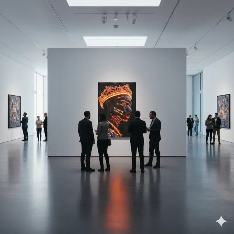 Un portrait frappant en noir et or représentant un visage couronné avec du texte luminescent, exposé de manière proéminente dans une galerie d’art.