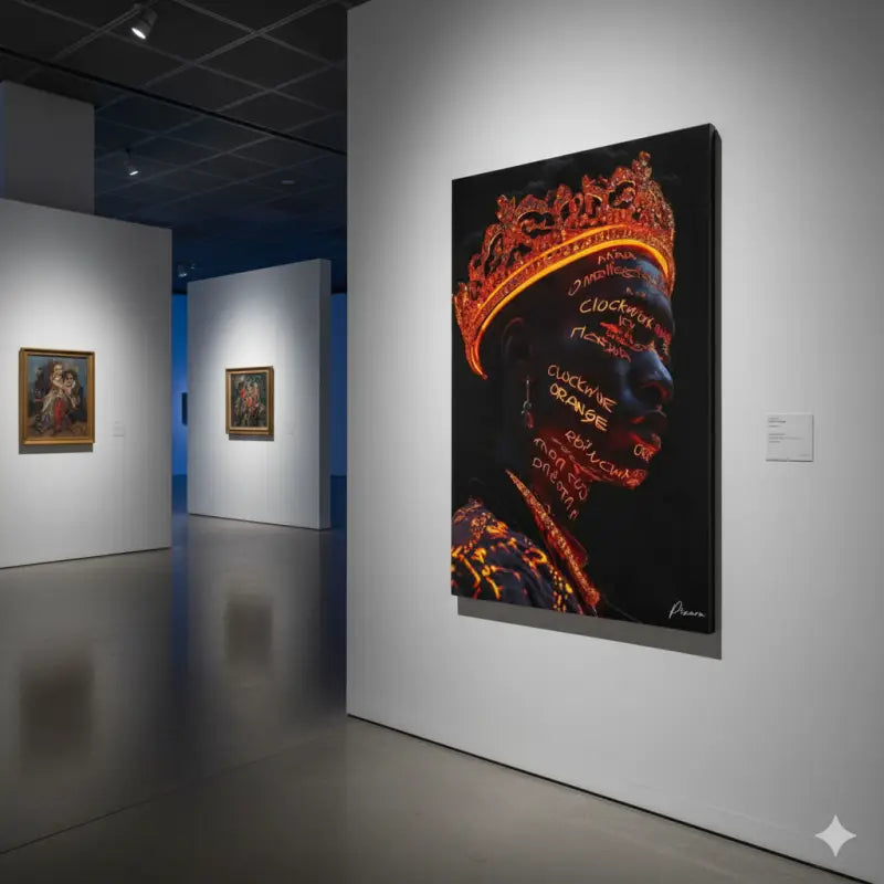 Une impression sur toile frappante présentant un portrait d’une figure ornée d’une couronne dorée ornée et d’un texte orange luminescent inscrit sur leur visage, sur un fond noir profond.