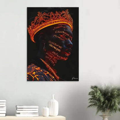 Une toile portrait frappante en noir et orange présentant une figure couronnée avec du texte luminescent sur son visage, accrochée sur un mur gris clair.
