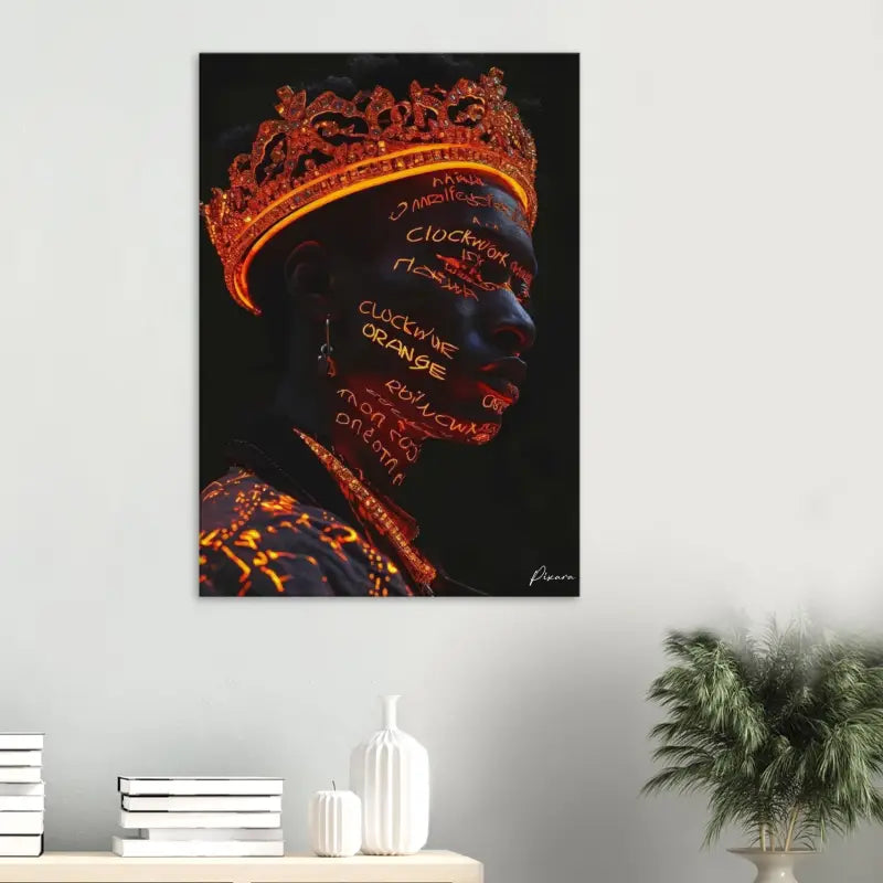 Une toile portrait frappante en noir et orange présentant une figure couronnée avec du texte luminescent sur son visage, accrochée sur un mur gris clair.