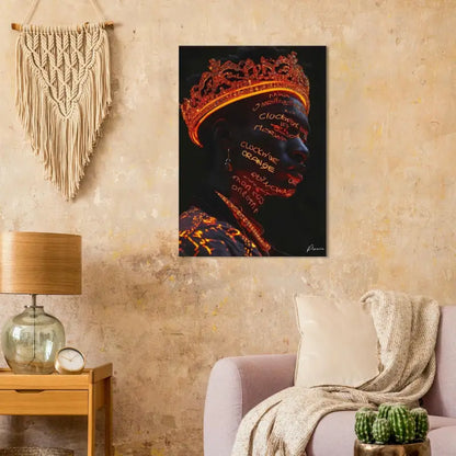 Un portrait saisissant en noir et orange sur toile représentant une figure couronnée avec du texte luminescent sur le visage, exposé dans un cadre de pièce artistique.