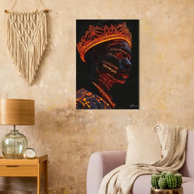 Un portrait saisissant en noir et orange sur toile représentant une figure couronnée avec du texte luminescent sur le visage, exposé dans un cadre de pièce artistique.