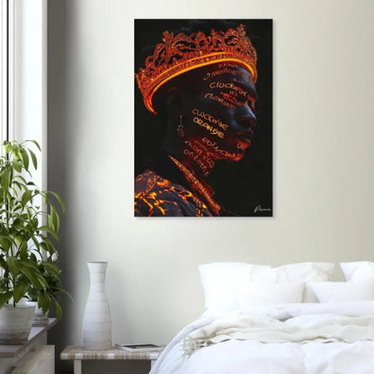 Toile de portrait couronné d’or mettant en scène une femme noire avec du texte orange luminescent sur son visage et son cou, sur un fond sombre.