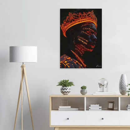 Un portrait frappant en noir et orange sur toile représentant une figure couronnée avec du texte luminescent sur le visage, présenté dans un cadre domestique artistique.