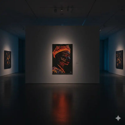 Un portrait frappant mettant en scène une figure couronnée avec des accents orange et or lumineux sur un fond sombre, exposé dans un cadre de galerie d’art.
