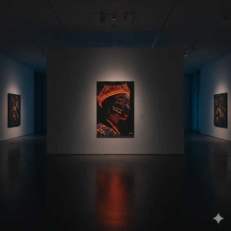 Un portrait frappant mettant en scène une figure couronnée avec des accents orange et or lumineux sur un fond sombre, exposé dans un cadre de galerie d’art.