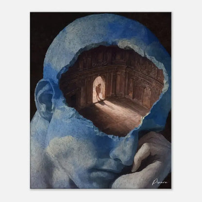 Une peinture surréaliste dépeignant une tête humaine bleue et texturée avec un intérieur ouvert révélant un couloir en bois détaillé et une figure dans une lumière chaude.