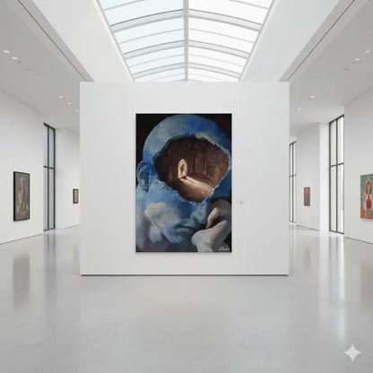 Une peinture à l’huile surréaliste dépeignant une tête humaine aux tons bleus avec un intérieur ouvert et caverneux révélant un couloir architectural ensoleillé.