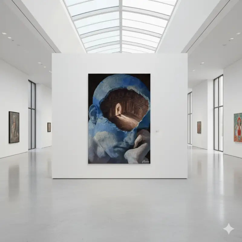 Une peinture à l’huile surréaliste dépeignant une tête humaine aux tons bleus avec un intérieur ouvert et caverneux révélant un couloir architectural ensoleillé.