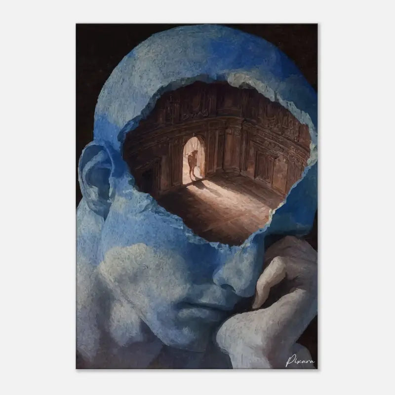 Une peinture surréaliste mettant en scène une tête semblable à une pierre bleue texturée avec une cavité ouverte révélant un couloir intérieur détaillé et une figure.
