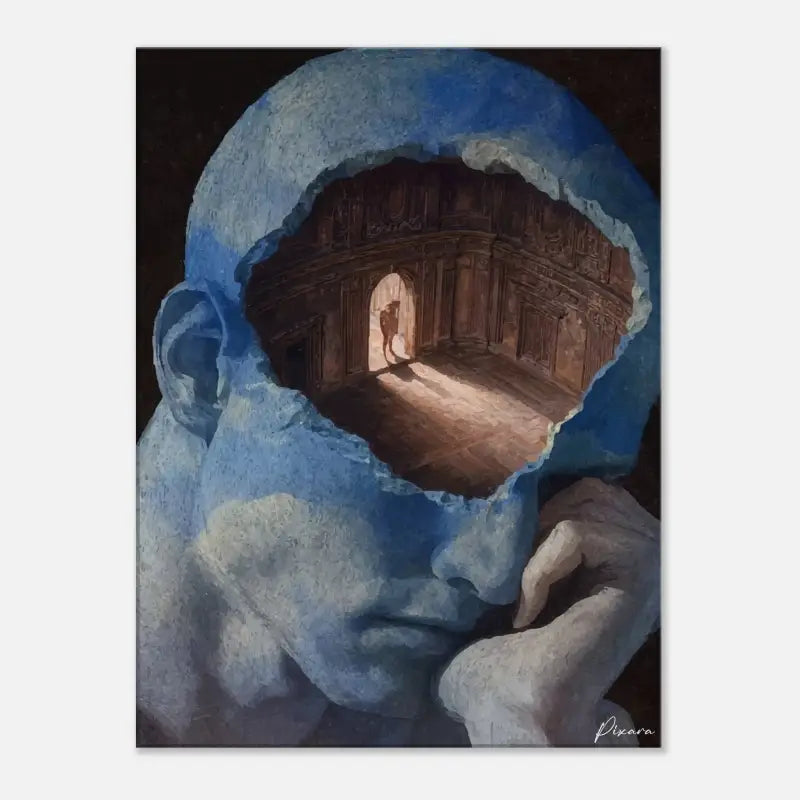 Une peinture surréaliste dépeignant une tête de pierre texturée bleue avec une cavité ouverte révélant un couloir intérieur orné, chaleureusement éclairé.